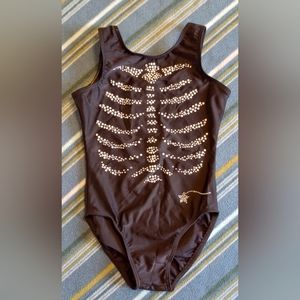 Destira girls gymnastics leotard, size S (6), bedazzled skeleton ribcage design